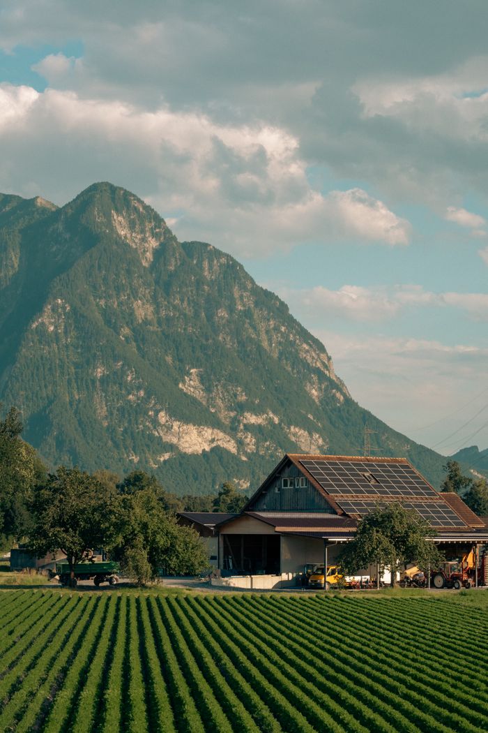 gallery-05 Captivating view of a solar-powered barn amidst lush Swiss fields and alpine mountains.